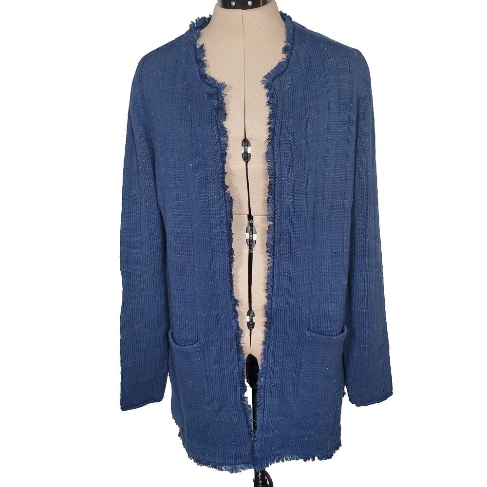 CAbi Women's Cardigan Sweater Medium Blue Speckle Cotton Pockets Open Front
